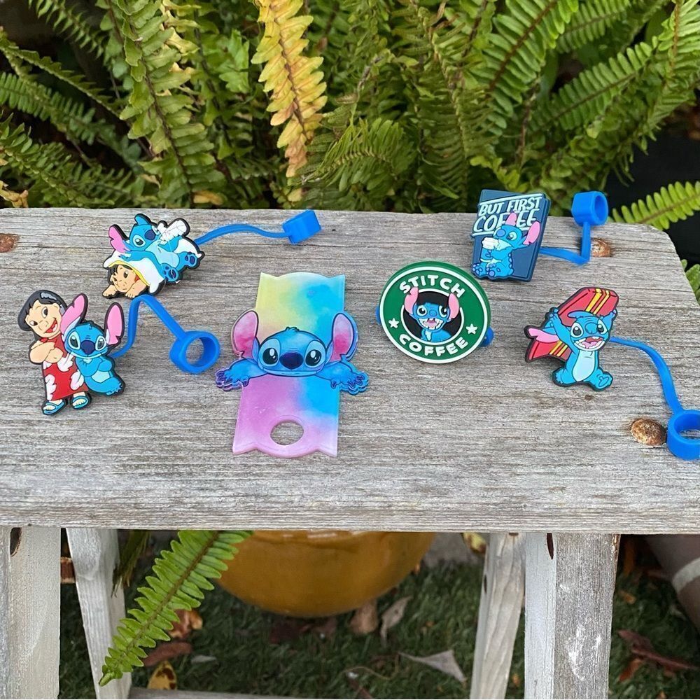 New Disney Lilo & Stitch Five (5) Straw Tumbler Covers and One (1) Plate Cover